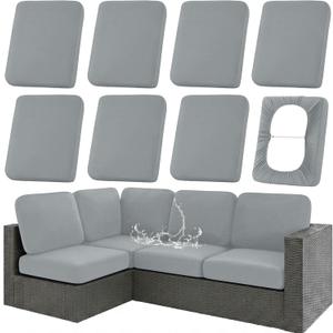 Hyha Waterproof Outdoor Cushion Covers for Patio Furniture, Stretch Patio Chair Cushion Slipcovers, Coated UV Resistant Replacement Seat Covers, Solid Color (Grey, 8PC)