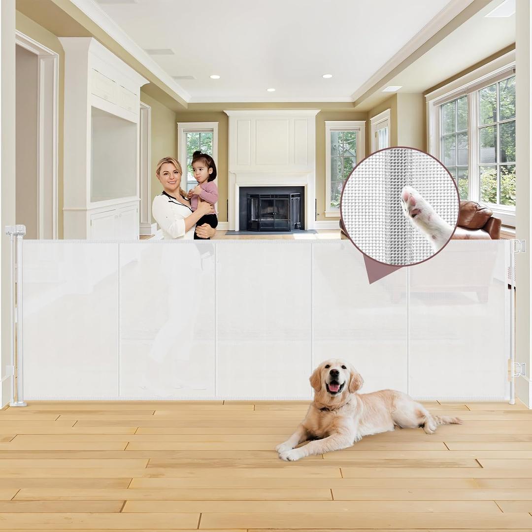 100" Wide Retractable Baby Gate Extra Wide Dog Gates with Reinforced Strip - Prevent Crawling Under Retractable Pet Gate Outdoor/Indoor Dog Gate, Mesh Gate Wide Baby Gates for Large Openings, White