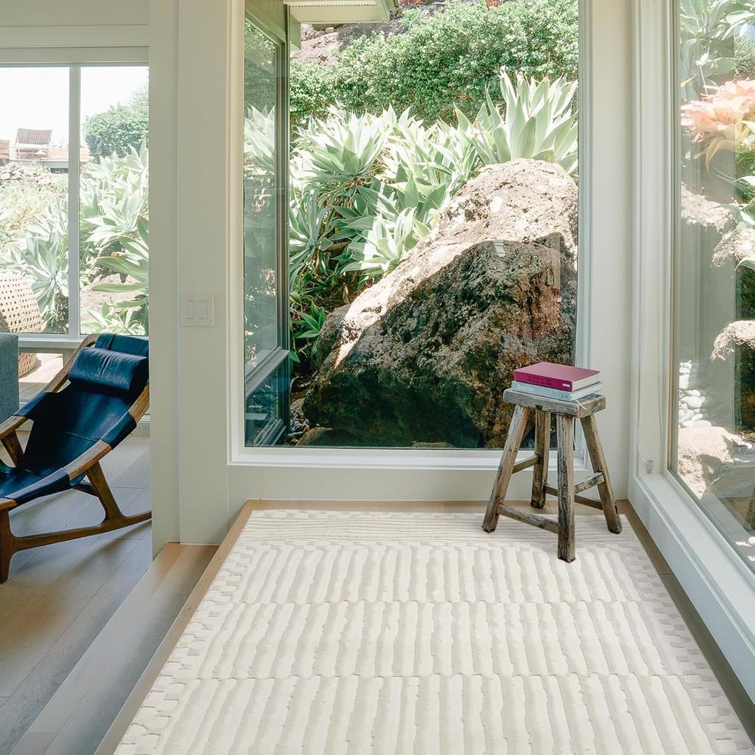 Revival Rugs Soloba 3'11"x6'1" Machine Washable Area Rug for Kitchen Bedroom - 100% Recycled Oeko-TEX Certified, Medium Pile, Beige, Cream