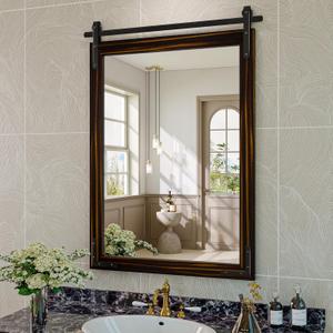 Farmhouse Bathroom Mirror, 24x36 Inch Black Brown Vanity Mirror for Wall, Wood Framed Rustic Mirror Rectangular Wall Decor Mirrors for Entryway Living Room Bedroom
