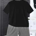 Boy's 2 Piece Preppy Summer Outfits Graphic Tees and Track Shorts Set Casual Clothing Sets (Black)