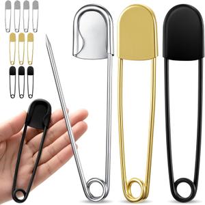 Juexica 10 Pcs Large Safety Pins 5 Inch Jumbo Stainless Steel Safety Pins Heavy Duty Huge for Strong Laundry Upholstery Sewing Quilting Key Rings Craft Outdoor (Black,Silver,Gold)