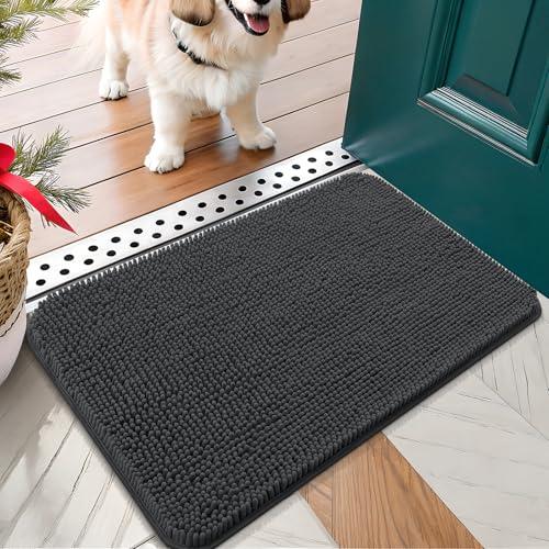 OLANLY Dog Door Mat for Muddy Paws 24x16, Absorbs Moisture and Dirt, Absorbent Non-Slip Washable Doormat, Quick Dry Chenille Mud Mat for Dogs, Entry Indoor Entryway Carpet for Inside Floor, Dark Grey