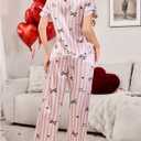 WDIRARA Women's Striped Bow Print Satin Pajama Set Short Sleeve Button Down Pants Pjs 2 Piece Sleepwear Multicolor Large