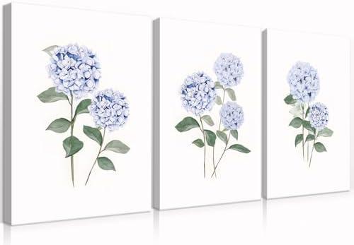 QMWIDKL 3Pcs Hydrangea Canvas Wall Art Light Blue Floral Wall Decor Watercolor Botanical Posters Prints Pictures Modern Flower for Living Room Bedroom Paintings Decor Ready to hang(16x24inch)