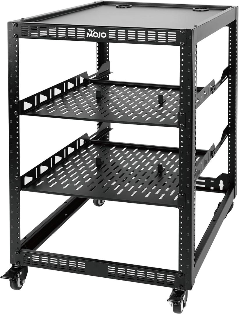 TECMOJO 16U Open Frame Network Rack for IT &AV Gear, AV Rack 4-Post with casters, Mobile 16U Rack with 2 PCS 1U Server Rack Shelf & Mounting Hardware, for 19" Network,Audio and Video Device