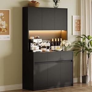 GarveeHome 71 in Kitchen Pantry Cabinet, Kitchen Hutch Storage with Led Lights and Power Outlets, Buffet Cabinet with Microwave Stand, Adjustable Shelves, Handless Design, Black