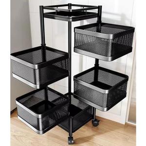 Boncun Rotating Storage Shelves Rack for Kitchen vegetable Storage Organizer Fruit Basket floor stand Shelf fruit tower Potato Onion (Black Rotating Square 5 Tier)