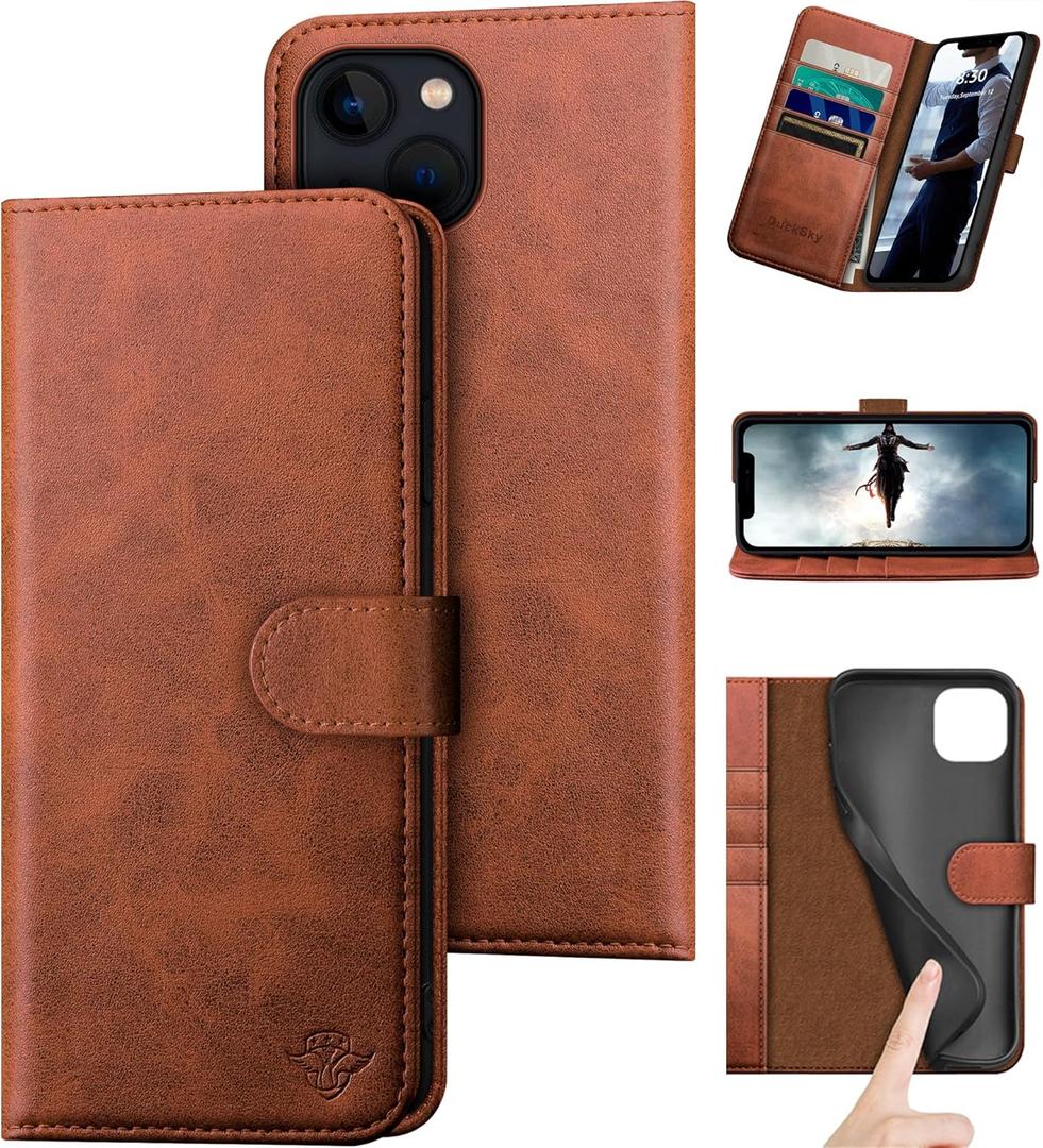 DuckSky for iPhone 14 Plus 6.7" Genuine Leather Wallet caseRFID Blocking4 Credit Card HolderReal LeatherFlip Folio Book Phone case Protective Cover Women Men for Apple 14Plus 5G case Light Brown