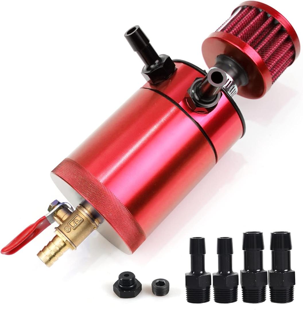 Oil Catch Can Kit with 4 Adapters + Breather Filter Drain Valve Plug 2 Ports (1 oulet + 1 inlet) 150ml Universal Aluminum Baffled Oil Reservoir Tank Oil Separator HTRACING (red)