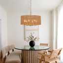 Hand-Woven Rattan Chandelier Vintage Farmhouse Boho Bamboo Golden Chandelier Light Fixture Retro Drum Wicker Gold Chandeliers for Dining Room, Kitchen Island, Living Room