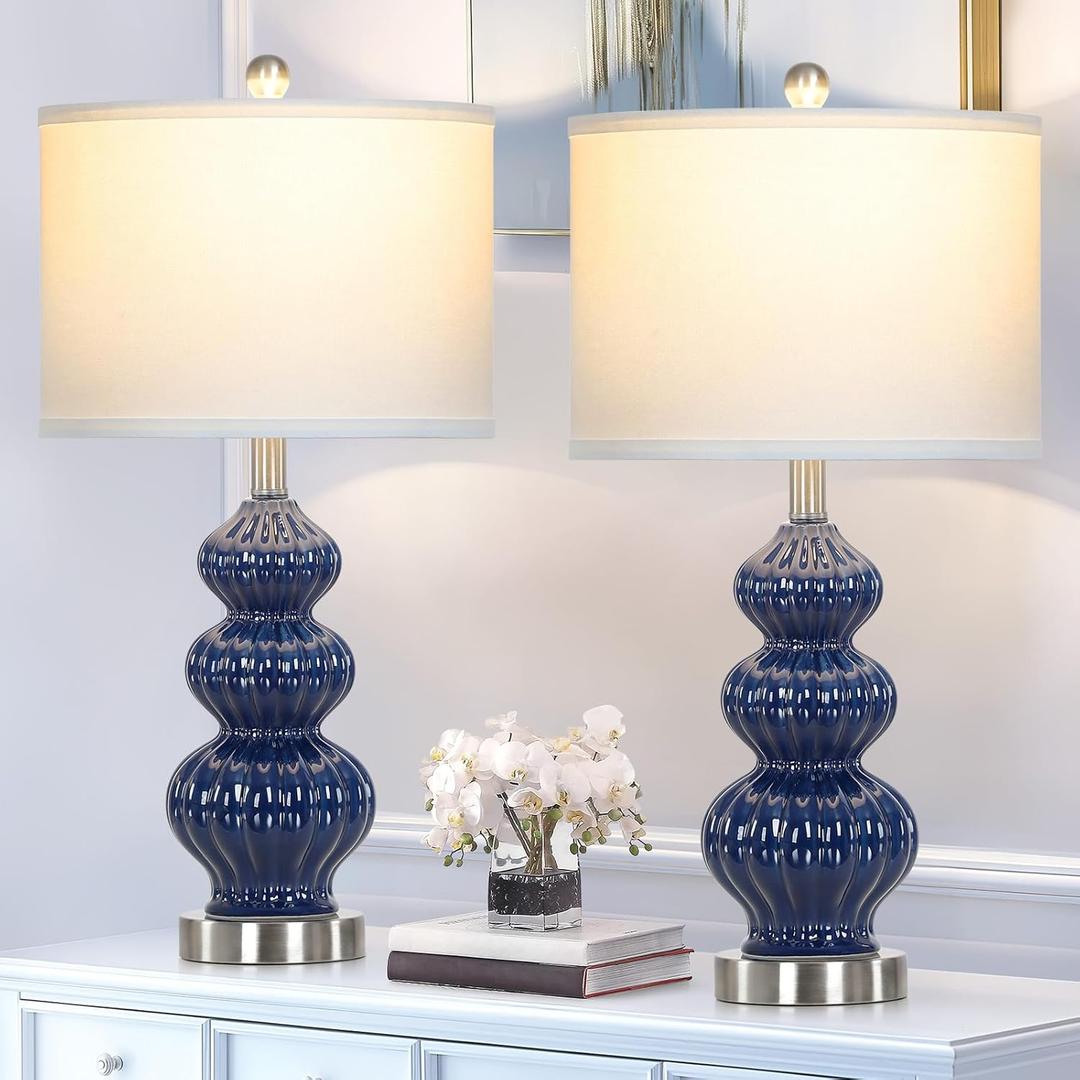 Triple Gourd Ceramic Table Lamps Set of 2, Modern Blue Bedside Lamps with Rotary Switch, Contemporary Nightstand Lamps for Bedroom Living Room