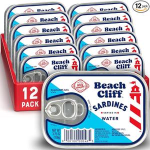 2 x Beach Cliff in Water, 3.75 oz Can (Pack of 12) - Wild Caught Sardines - 12g Protein per Serving - Gluten Free, Keto Friendly, BBD: 04/2029
