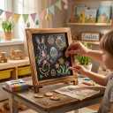 LotFancy 15"x12" Magnetic Chalk Board Sign, Small Wood Framed Tabletop Black Easel Chalkboard, Foldable Standing Ledge,1 White Chalk Pen 2 Magnets and Wall Hanging Kits Included,Rustic Brown