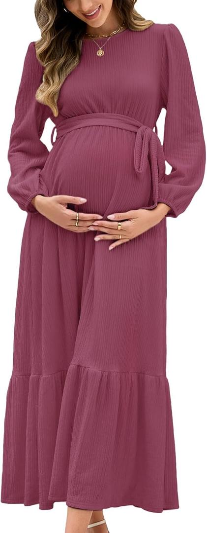 AISWI Women's Maternity Maxi Dress with Belt Long Sleeve Crew Neck Pregnancy Dresses with Pockets Baby Shower Photoshoot (L)