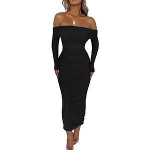 PRETTYGARDEN Women's Fall Off Shoulder Maxi Bodycon Dress Long Sleeve Ruched Fitted Club Dresses with Slit, L
