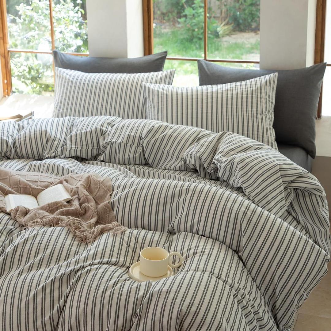 Striped Duvet Cover Set King Size 3 Piece 100% Washed Cotton Linen Feel Bedding Comfy Breathable Modern Farmhouse (King, Double Stripe-White/Black)