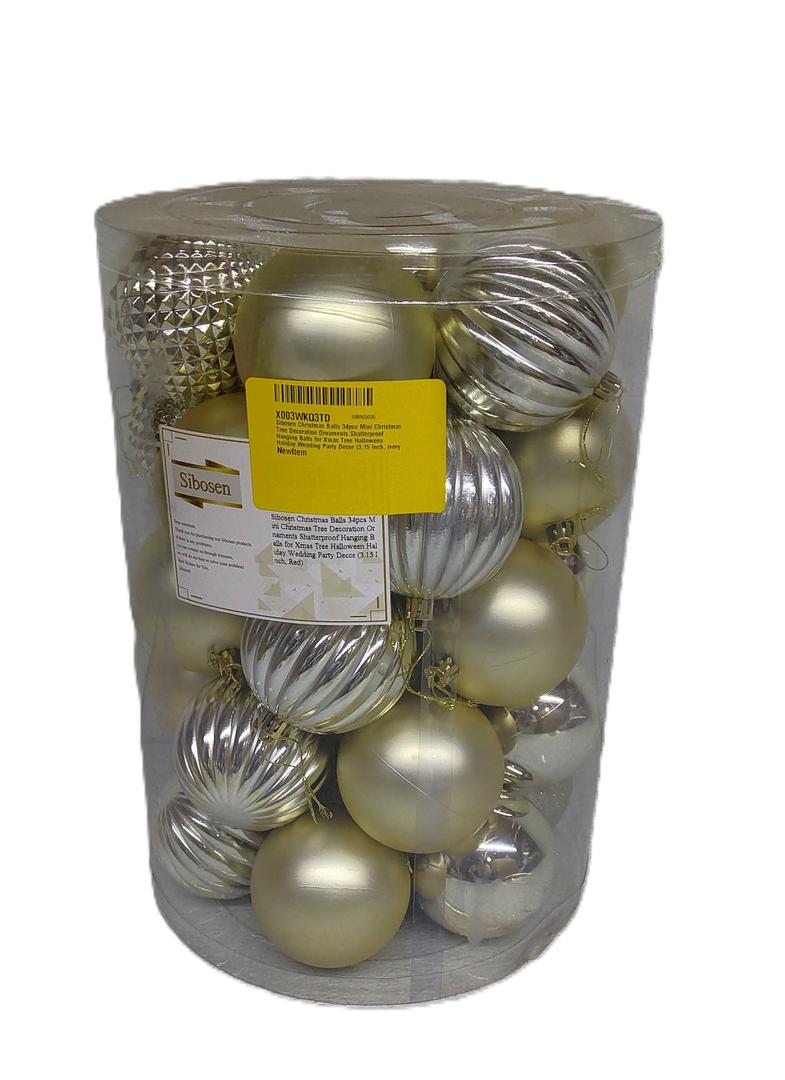 Sibosen Christmas Ball Ornaments, 34 Count Pre-Strung Xmas Balls, Shatterproof Barrel Packed Balls for Holiday Party Wreath Tabletop Tree Decorations, 3.15 Inch, Ivory