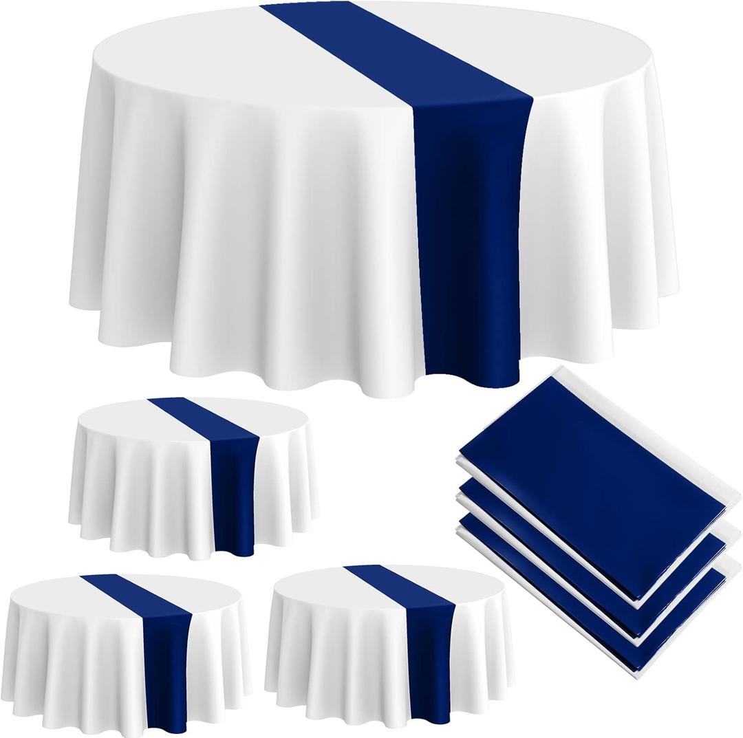 Oudain Round Plastic Table Cloth 84 Inch Disposable Table Cover Stain and Wrinkle Resistant Waterproof Tablecloths for Holiday Graduation Baby Shower Wedding Party Decoration(White, Navy Blue,3 Pcs)