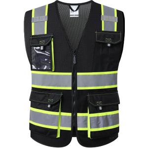 JKSafety Hi Vis Reflective Safety Vests for Men Women High Visibility Vest with Pockets Mesh Fabric Construction Safety Apparel Neon Vest for Work (220-Black, S) 