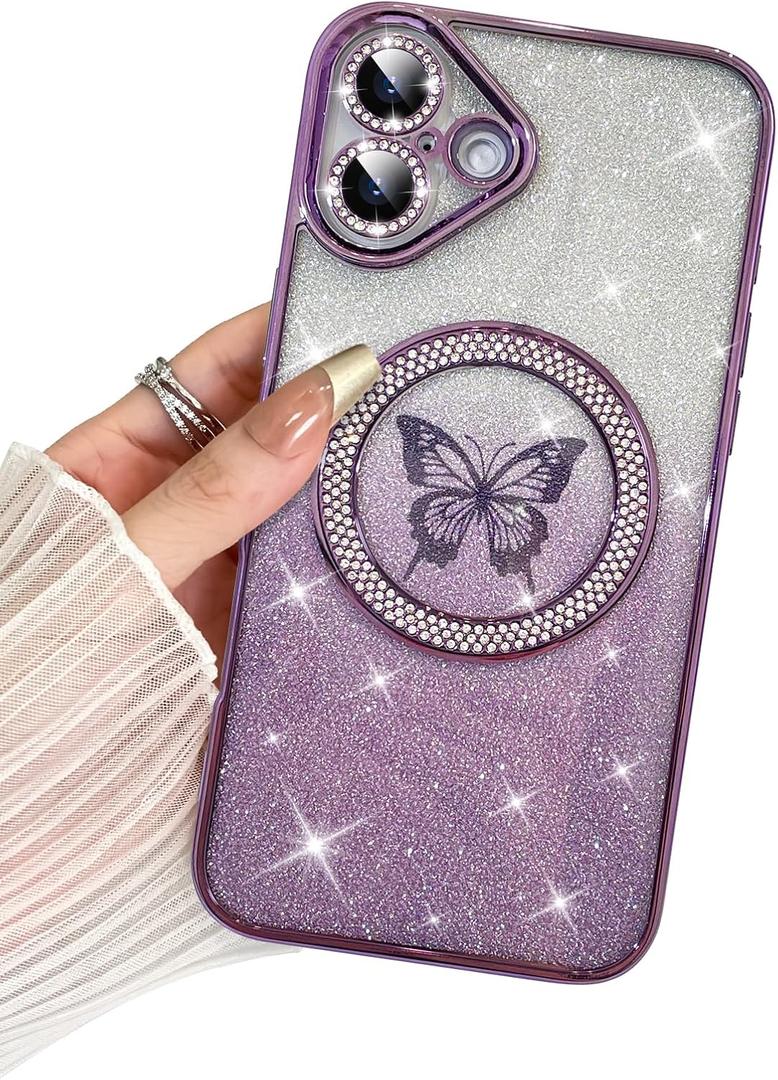 BITOBE Designed for iPhone 16 Case, Cute Butterfly Slim Plating Glitter Rhinestones Cover X 2pcs Screen Protectors for Women Girls Protective Camera Protection Bumper 6.1" Purple