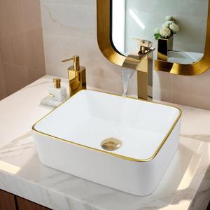 Ceramic White Vessel Sink with Faucet and Drain Combo Rectangle Vessel Sink Modern Above Counter Bathroom Sink Bowl White Body with Gold Trim