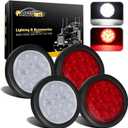Partsam 4Pcs 4" Inch Round Led Stop Turn Tail Back-up Reverse Fog Lights 12 LED Include Lights Grommet 3-Prong Wire Pigtails Round LED Trailer Tail Light Kit for Truck Trailer RV( 2 Red + 2 White)
