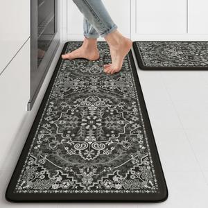 KIMODE Kitchen Mats Cushioned Anti Fatigue, Boho Vintage Kitchen Rugs Sets of 2, Non Slip Kitchen Mats for Floor, Memory Foam Kitchen Floor Mat for Sink Laundry Desk Black Multi 17"x47"+17"x29"