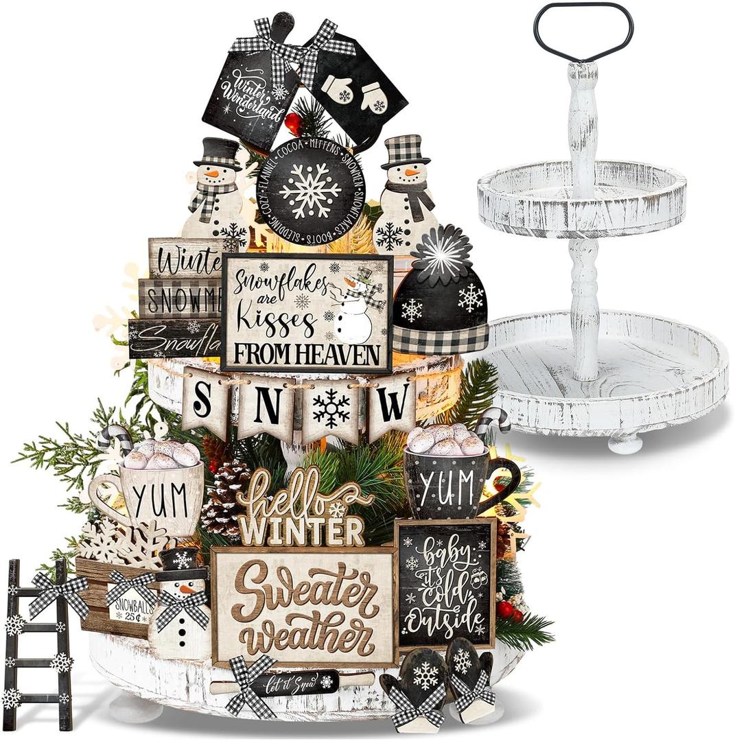 Nuogo 24 Pcs Winter Tiered Tray Decorations Set and 2 Tiered Tray Stand with Handle Winter Table Decoration Tabletop Snowman Decorations for Christmas Home Farmhouse Hot Cocoa (Black)