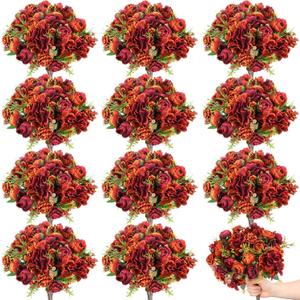 XunYee 12 Bundles Bundles Artificial Flowers Fake Silk Roses Bouquets Realistic Flower Bulk Faux Flowers Arrangements Wedding Decorations for Bridal Wedding Floral Vases Table Centerpieces (Orange)