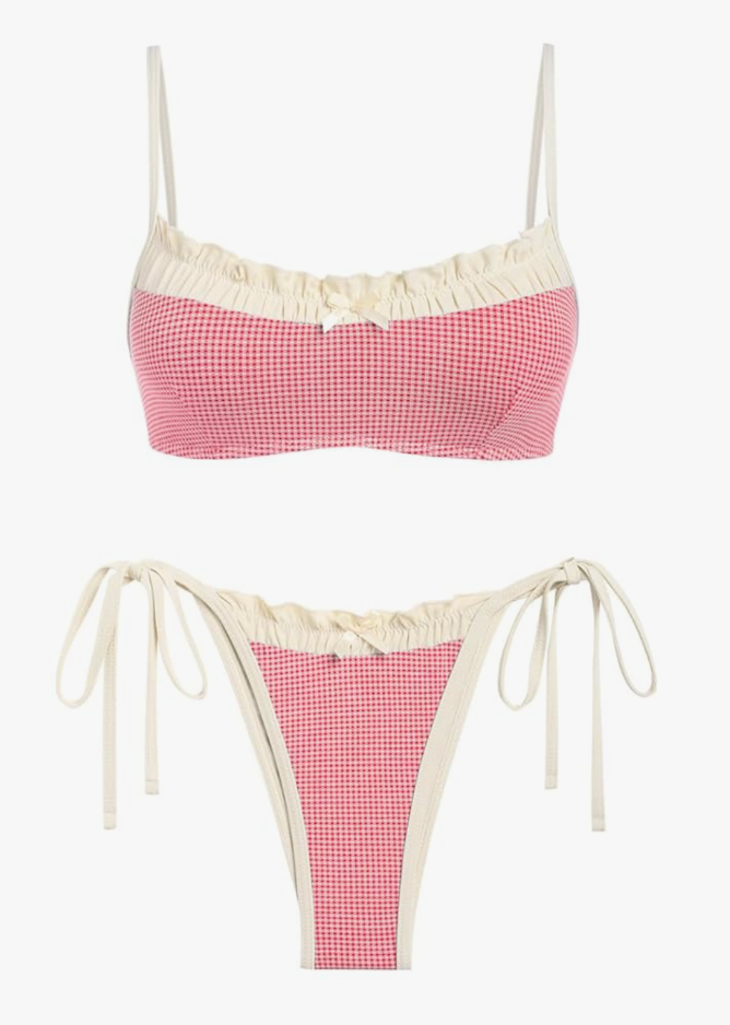 ZAFUL Bikini Sets for Women Plaid Ruffles Trim Swimsuit Sexy Tie Back Bowknot Triangle High Cut Tie Side Thong Bathing Suit S