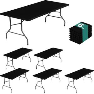 LUSHVIDA Fitted Rectangle Tablecloths, 6 Packs Elastic Vinyl Table Cloth with Flannel Backing for 6ft Folding Tables, Waterproof Table Covers for Indoor Outdoor Picnic and Camping, 30x72 inch, Black