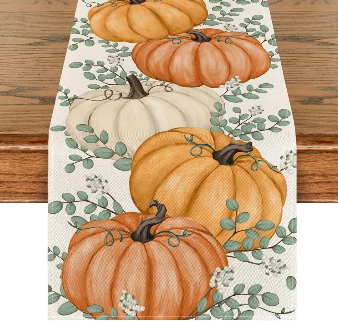 2 x Artoid Mode Orange Pumpkins Eucalyptus Leaves Fall Table Runner, Autumn Thanksgiving Kitchen Dining Table Decoration for Home Party Decor 13x36 Inch