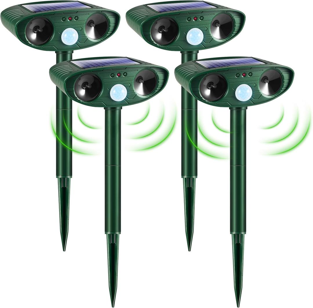 Solar Ultrasonic Animal Repellent Outdoor Waterproof Deer Repellent Sonic Cat Repellent Deterrent - Motion Activated Solar Animal Repeller Squirrel Rabbit Repellent Raccoon Repellent Yard Protection 4 PAck