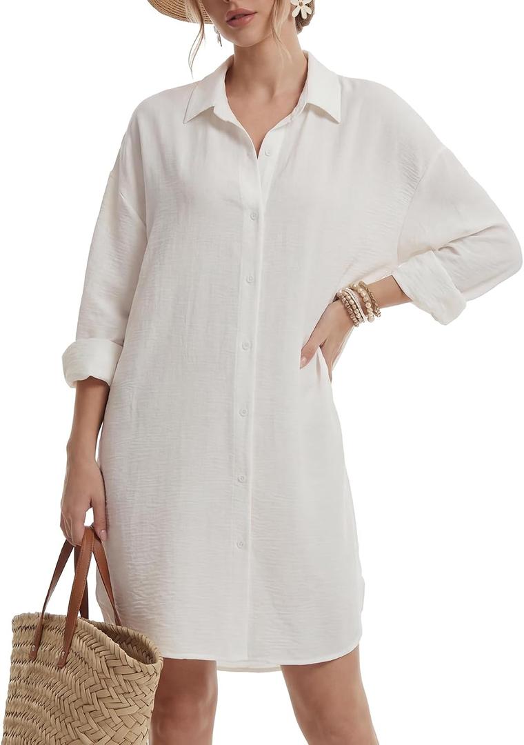 KIFOVEN Women's Print Button Down Long Sleeve Casual Beach Mini Cover Up Shirt Dress (White, M)
