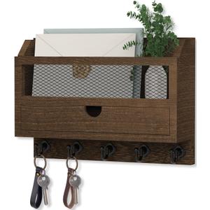 Nekon Key and Mail Holder for Wall, Key Organizer with 5 Hooks & Storage Drawer, 11" W x 7.9" H x 3.1" D Wooden Key Rack for Entryway and Home Decor (Brown)