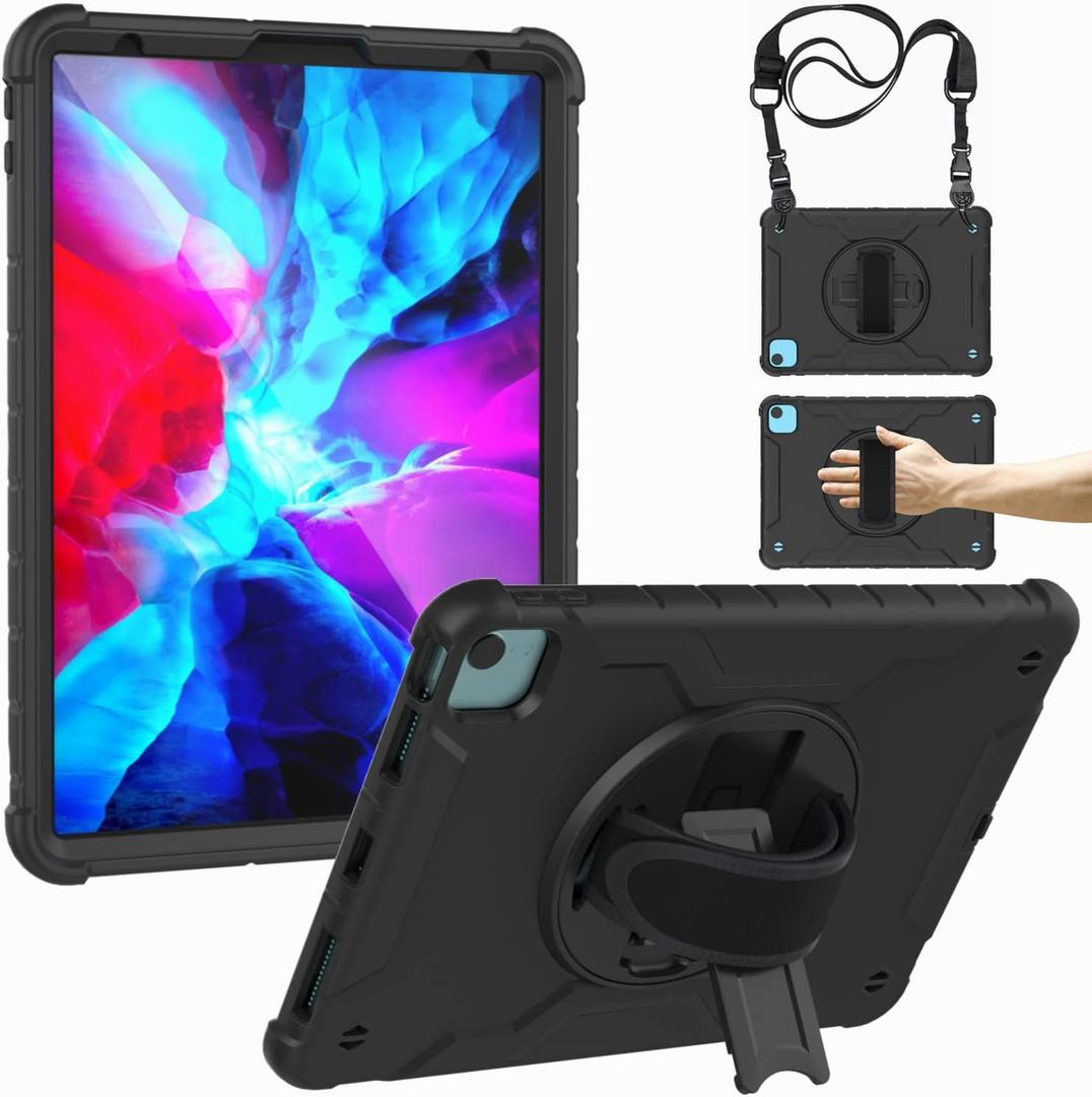 Case for 10.9-inch iPad Air 5th/4th Generation (2022/2020)/iPad Pro 11-inch 3rd/2nd/1st Generation with Built-in Screen Protector, 360 Rotating Stand, Hand Strap & Three Layer Cover (Black)