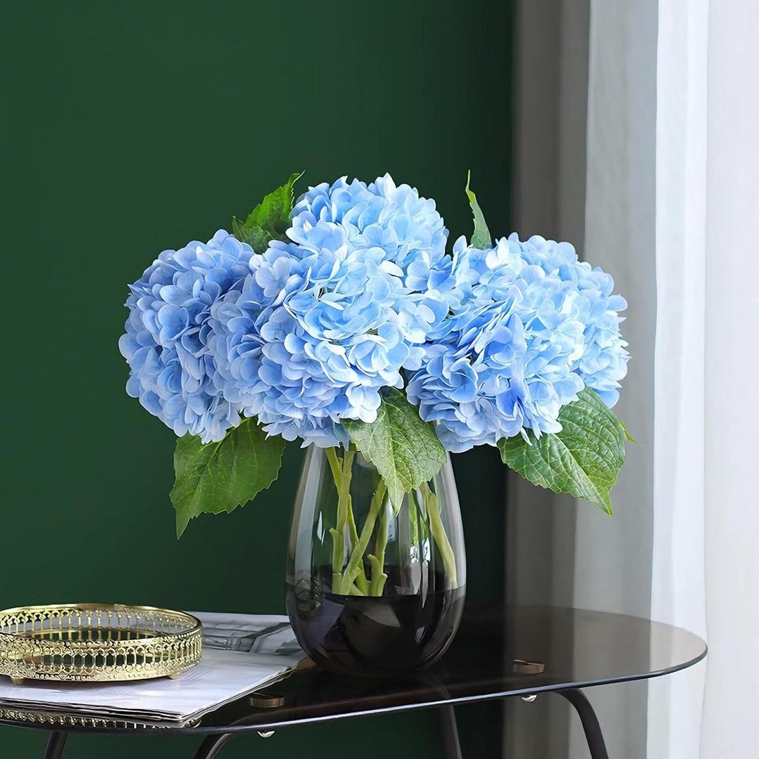Artificial Hydrangea Flowers, 4 Pcs 21 Inch Real Touch Faux Hydrangea Stems for Valentines Day Gifts, Spring Weddings & Home Decor, Vase Arrangements-Light Blue (21-inch, 4Pcs, Pea Blue)