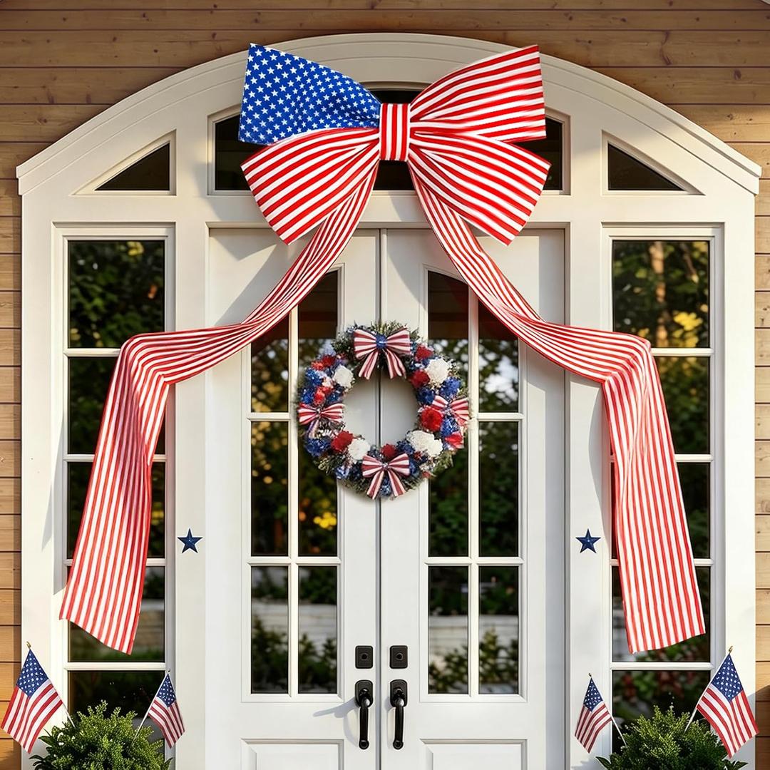 4th of July Decorations Outdoor - 6.5FT Giant Patriotic Bow - Fourth of July Memorial Day Patriotic Decor - Stars and Stripes Hanging Bow for Independence Day 250th Anniversary Indoor Outdoor Decor