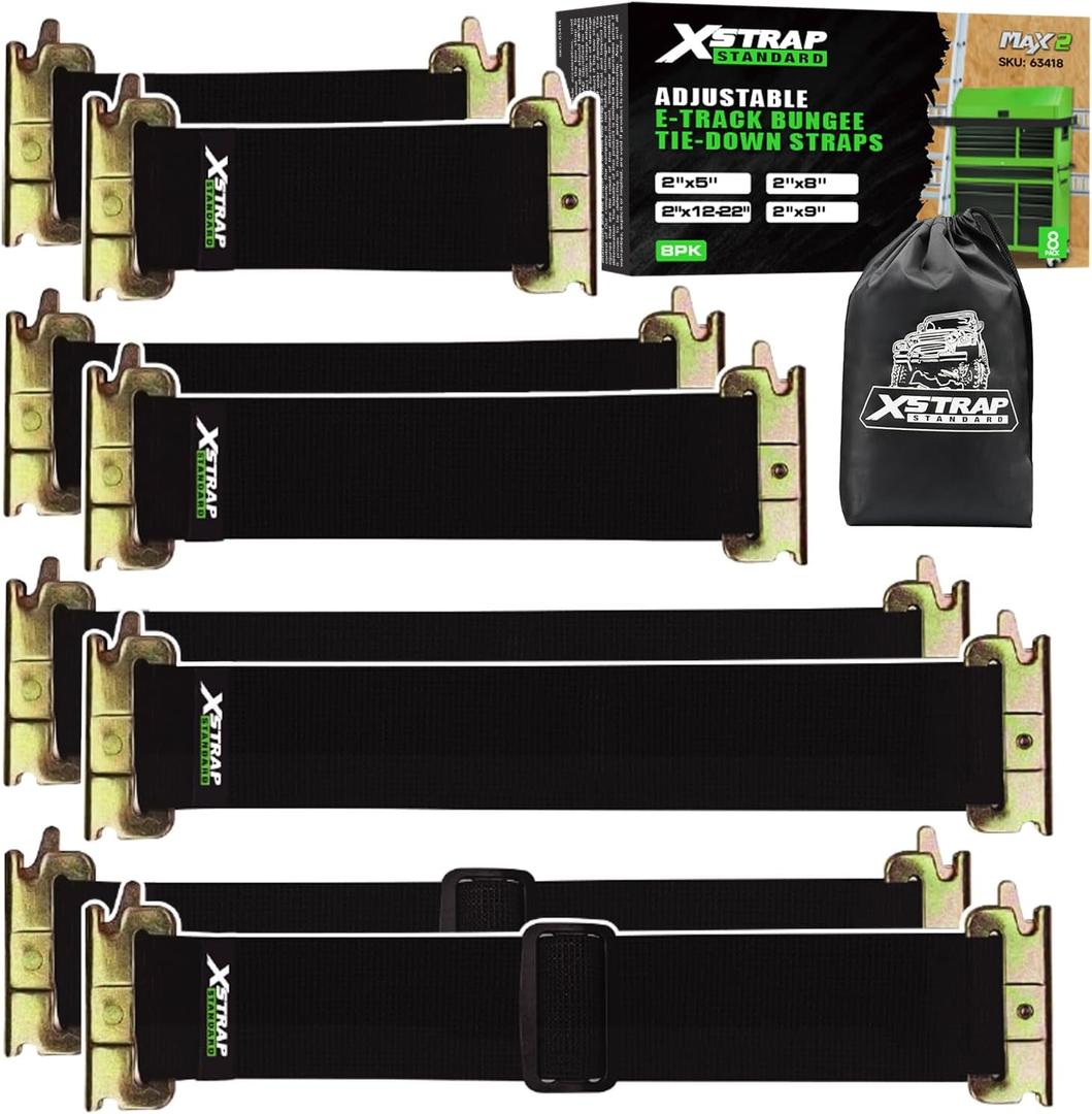 XSTRAP STANDARD 8 Pack E-Track Bungee Tie-Down Straps - Adjustable 5", 8", 12"-22", 13" Black Bungee Straps, Secure Tools/Cargo to Trailer Walls, Trucks, Vans, Garages, Warehouses, Workshops