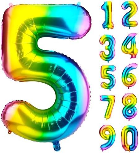 Pack of 3, DecorWoo 40 inch Rainbow Number 5 Balloon, Colorful Gradient Number 5 Birthday Balloons, Large Number Foil Balloons for Party Supplies Wedding Anniversary Events Decorations