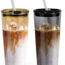 24oz Drinking Glasses Cups Set of 2 Leak Proof Iced Coffee Glass Tumbler with Lid Straw Glassware for Juice Coffee Smoothie Boba Tea(Gray & Amber)