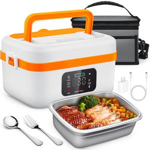 Cordless Electric Lunch Box, Self-Heating Food Warmer, Battery Powered Lunch Boxes with 1L Container, Rechargeable Heated Lunch Box for Men, Women, Car, Truck, Office, Travel (White-orange)