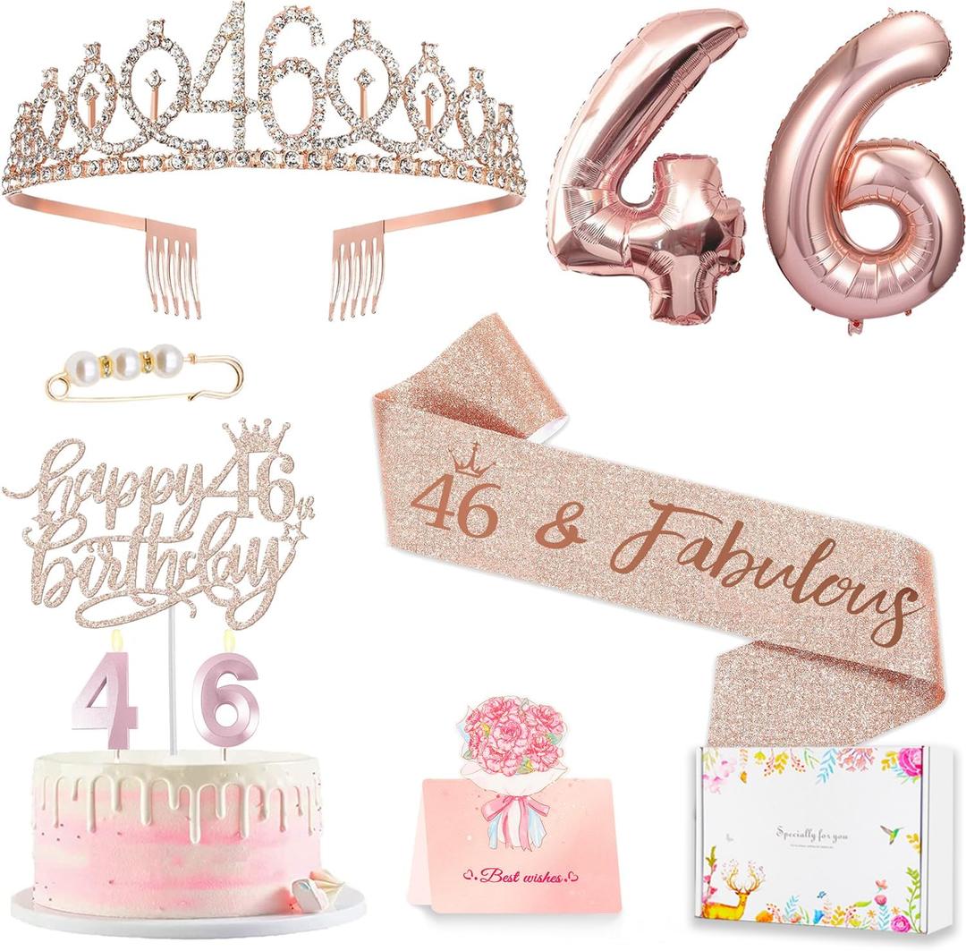 Awfrky 46th Birthday Decorations for Her Women, Including 46 year old Birthday Cake Topper, Queen Sash with Pearl Pin, Sweet Rhinestone Tiara Crown, Number Candles and Balloons Set, Rose Gold