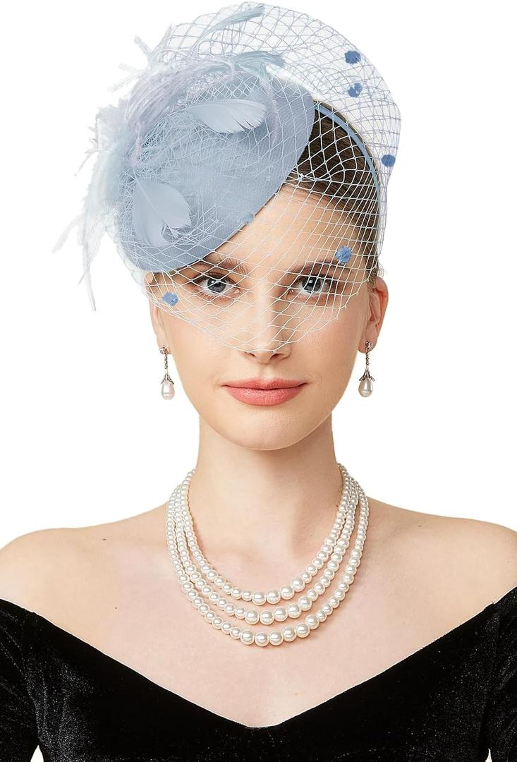BABEYOND Fascinator Hat Veil Feather Fascinators Hair Clip Tea Party Pillbox Derby Hat Fascinator Bridal Wedding (Light Blue)