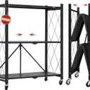 DEANIC 3 Tier Foldable Storage Shelves with Wheels, Kitchen Appliance Stand, Freestanding Metal Wire Shelf Rack, No Assembly Organizer Rolling Cart for Garage, Basement, Pantry (Black)