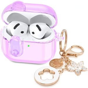 (with Safety Lock) Clear Case Compatible with Cute Apple Airpods 4 Cases 2024 Women, VISOOM Soft TPU Transparency Air pods 4 Gen Case iPods 4 Earbuds Case Girl Bling Keychain for Airpod iPod 4th Gen (Purpl)