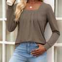 Funlingo Women's Puff Long Sleeve Tops Dressy Casual Square Neck Pleated Work Blouse Fall Trendy Tunic Flowy Chiffon Shirts (Brown, S)