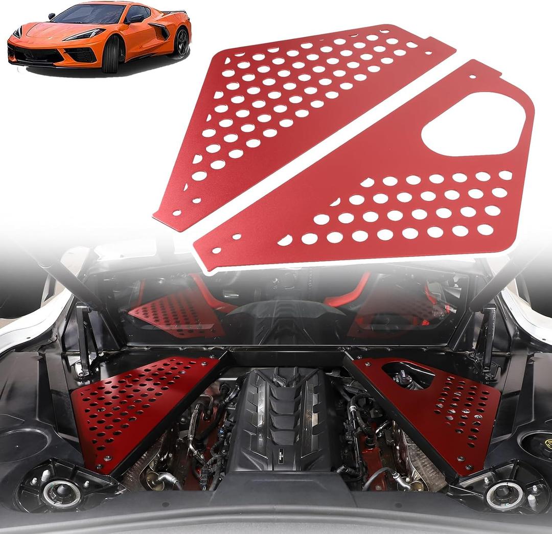 Engine Bay Panel Cover Trim Compatible with Chevrolet Corvette C8 Stingray 2020-2025 Aluminum Alloy 2PCS Engine Compartment Left Right Protection Leakproof Cover Trim Accessories (Red-Style C)