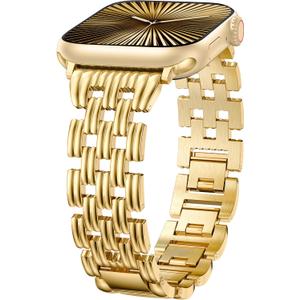 Minyee Compatible with Apple Watch Band Women 42/41/40/38/44/45/46/49mm, Dressy Starlight Gold Shiny Basketweave Designer Stainless Steel Metal Strap for iWatch Series 11 10 9 8 7 6 5 3 2 1 SE Ultra
